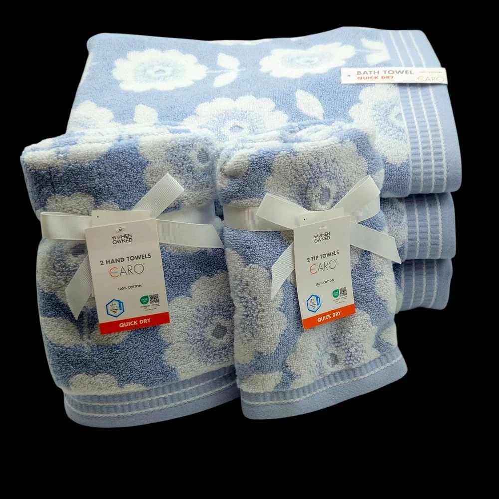 Caro Home 7pc Blue White Daisy Days Cotton Towel Set 3 Bath 2 Hand 2 Tip Cottage